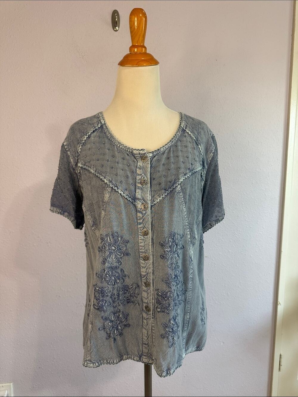 Vintage Celine Women Light Blue Denim-Look Embroidered Button Top Size L